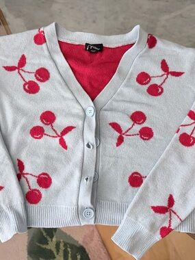 art class Light Blue Cardigan with Red Cherry Print